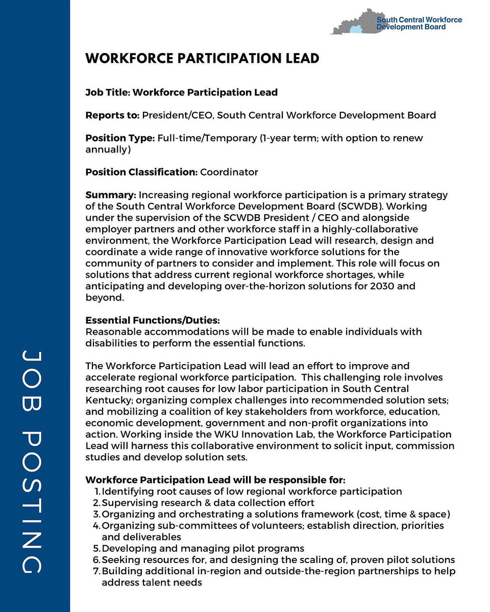 SCkyWDB's tweet photo. We’re HIRING! Just announced, our Workforce Participation Lead is an exciting brand-
new, collaborative & innovative position. Complete details are found in the attached graphics.
#workforce #workforceparticipation #bgky #bowlinggreenky https://t.co/k7TtNC7eyy