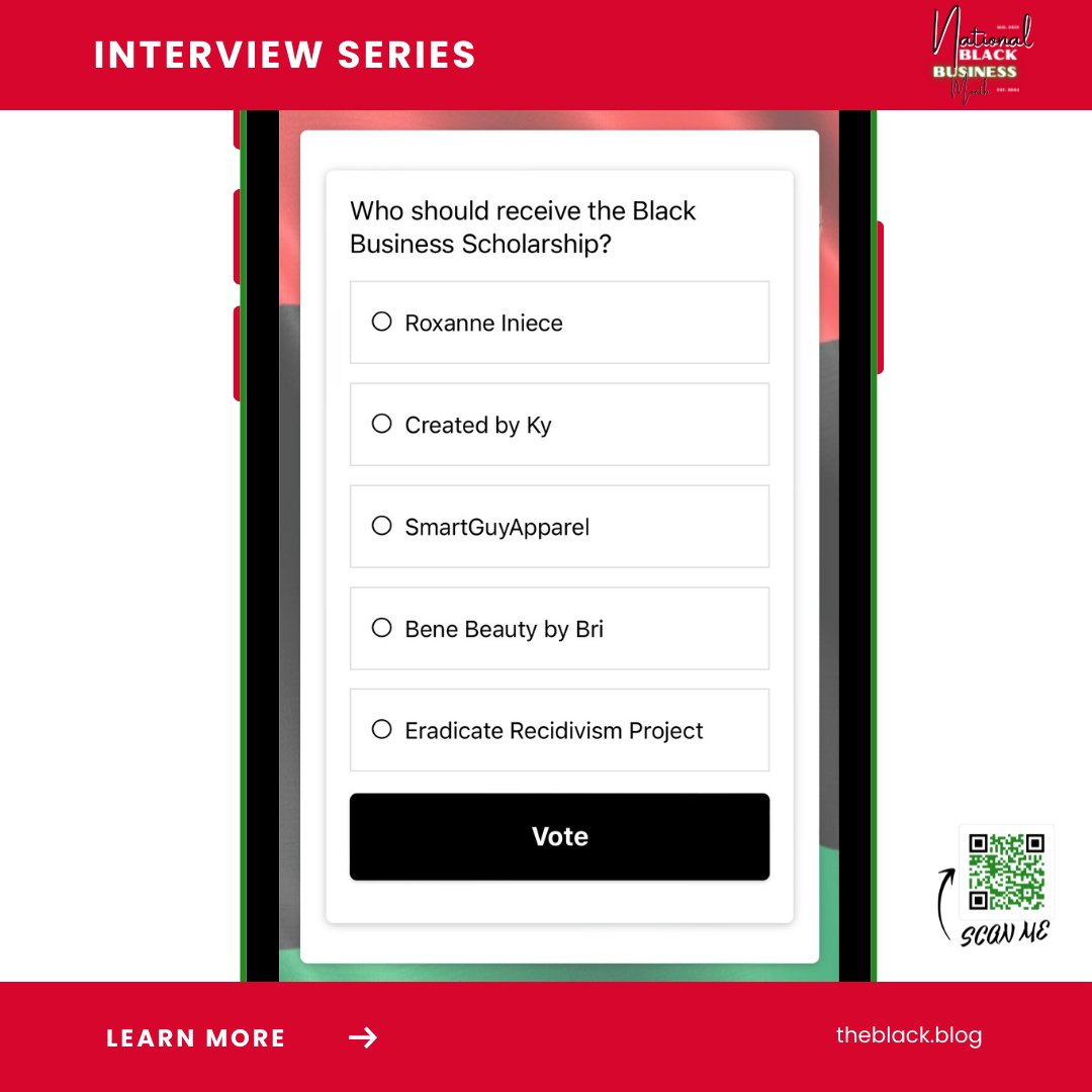 theeblackblog's tweet photo. 📣📣📣We’re more than halfway through the series. 

It’s time to cast your vote! All 5 businesses in the #NBBMSeries have been automatically nominated for the Black Business Scholarship. Vote on who you think should win the scholarship. 
Vote here: https://t.co/N14a19VuaH https://t.co/35E76Vhsk4