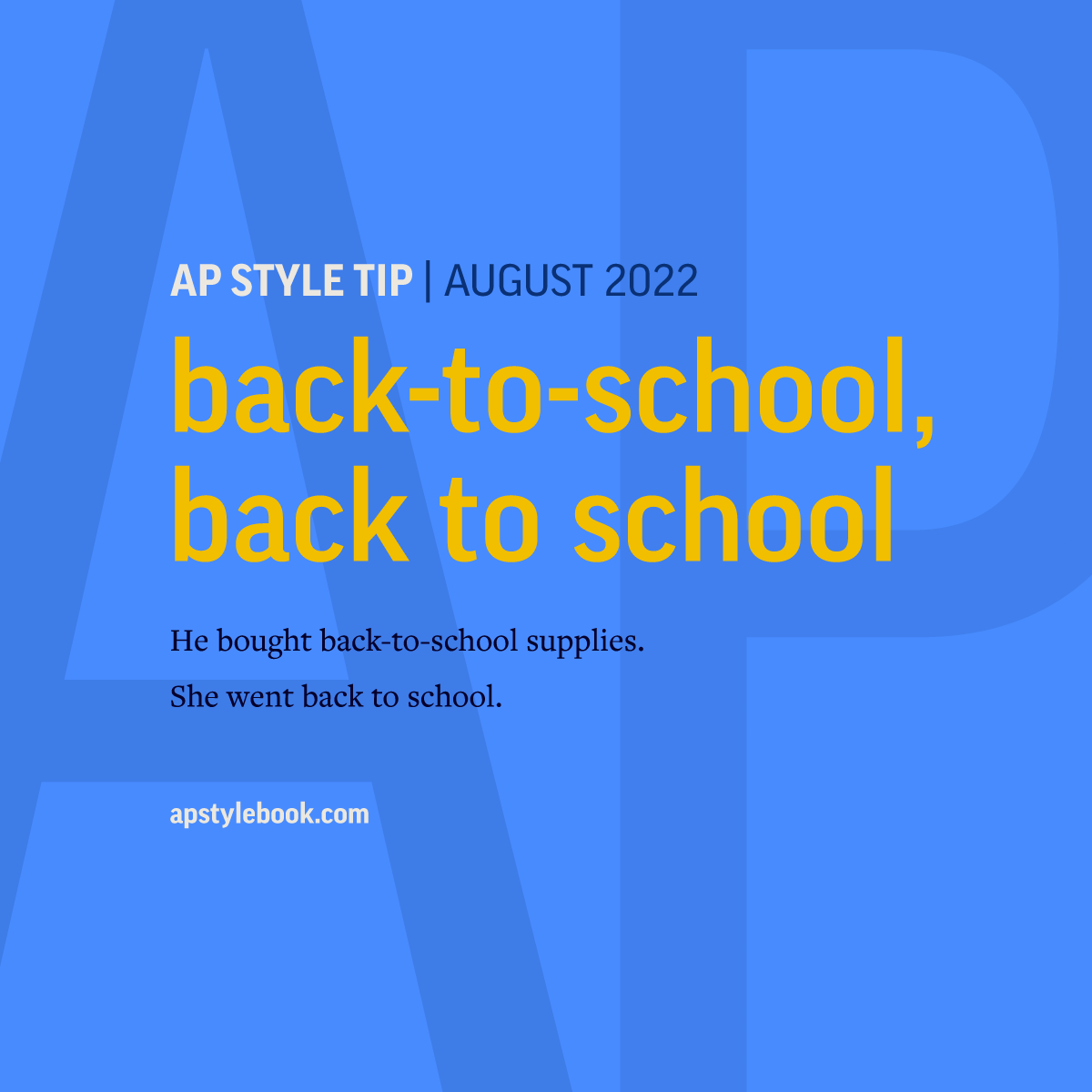 APStylebook's tweet photo. It's back-to-school time so grab your No. 2 pencil for a little study session. 
Hyphenate the compound modifier, such as back-to-school supplies. 
But no hyphen as a verb: She went back to school.
Yes, this will be on the test. https://t.co/NYBdZtwVNI