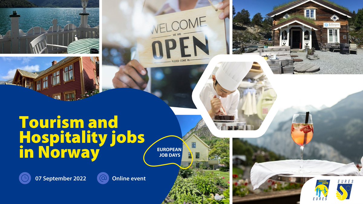EURESJob's tweet photo. Are you an employee looking for #candidates or a #jobseeker looking for opportunities in #hospitality or in the #tourism industry in Norwayπ³π΄?
Join the event #WorkInNorway on π
7 September from 12:00 to 16:00 (CEST).
Register nowπ https://t.co/1zDvfJvu5a
#EURESjob https://t.co/q9zGXyvQMM