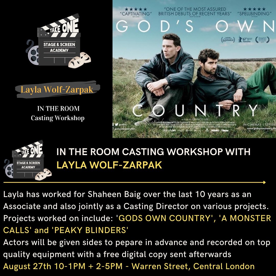 Join us this weekend! 🤩⬇️
.
IN THE ROOM with LAYLA WOLF-ZARPAK 🤩🎥
.
⏰Sat 27th of August 10-1PM
📍Warren Street, London
.
Book here: takeonestageandscreen.com/service-page/i…

[This workshop adheres to CDG guidelines and is not an audition]