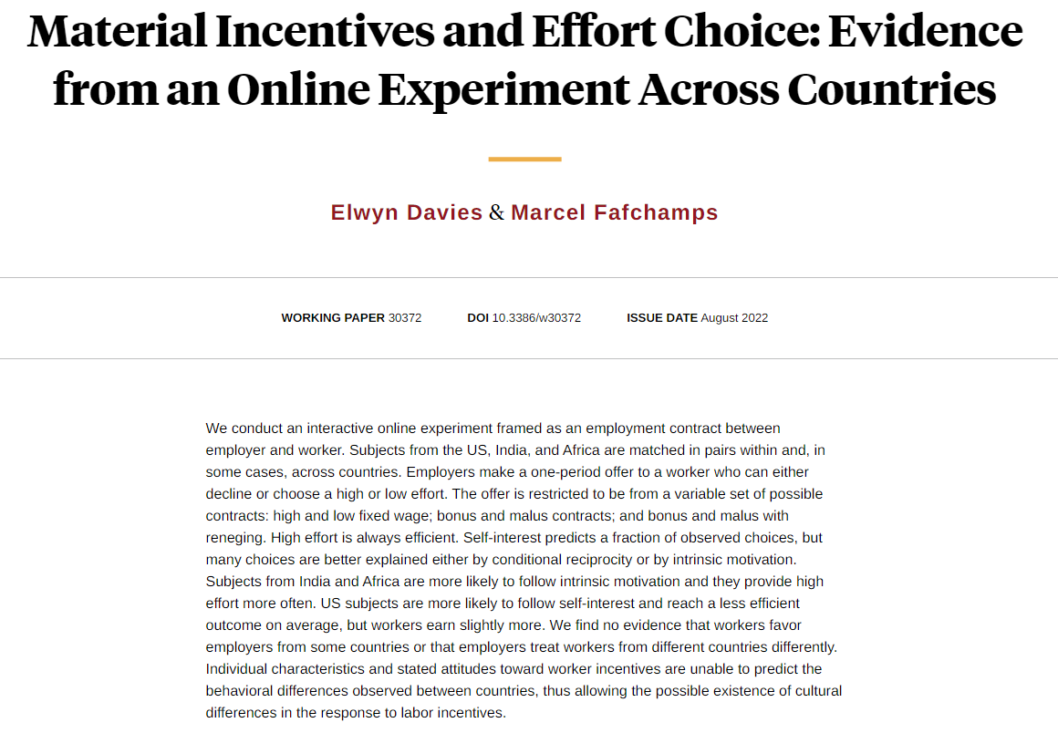 NBER (@nberpubs) on Twitter photo In an interactive online experiment framed as an employment contract, subjects from India and Africa follow intrinsic motivation and provide high effort more often, while US subjects follow self-interest more, from <a href="/elwyndavies/">Elwyn Davies</a> and Marcel Fafchamps nber.org/papers/w30372 In an interactive online experiment framed as an employment contract, subjects from India and Africa follow intrinsic motivation and provide high effort more often, while US subjects follow self-interest more, from <a href="/elwyndavies/">Elwyn Davies</a> and Marcel Fafchamps nber.org/papers/w30372