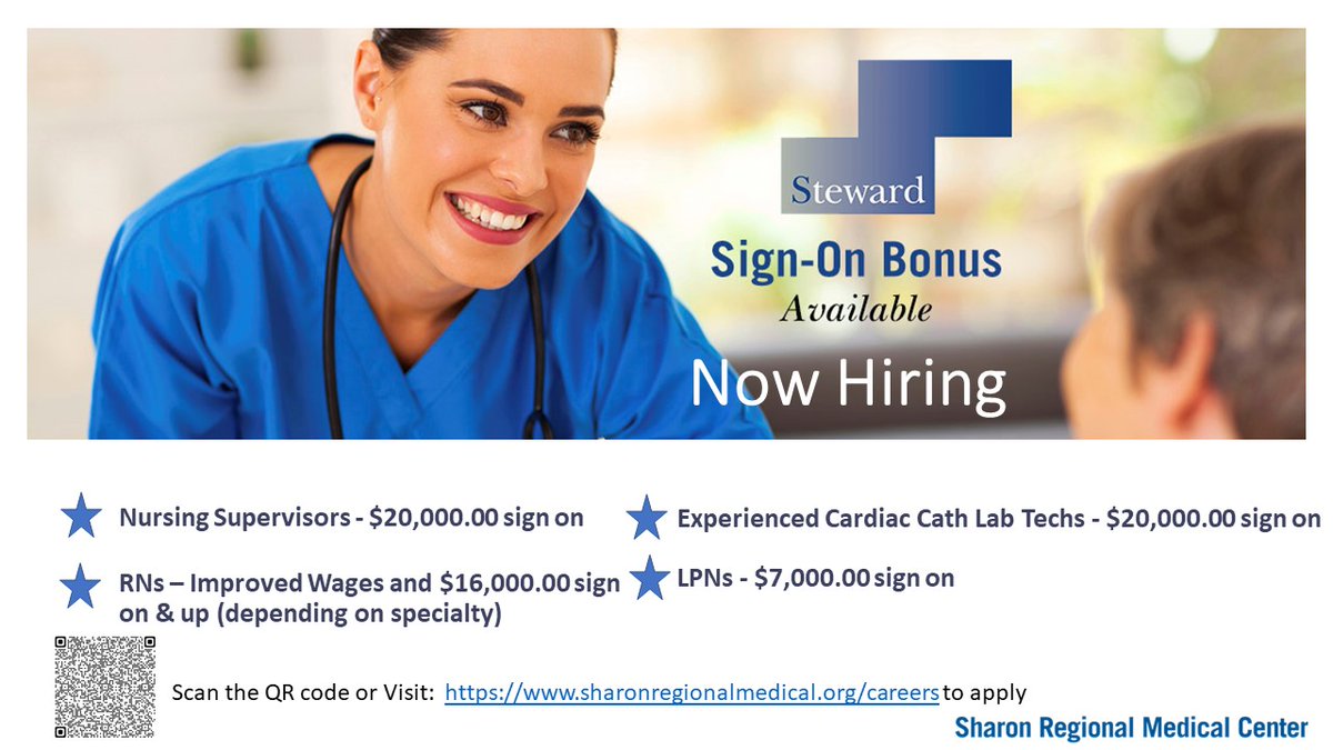 SharonRegMC's tweet photo. WE ARE HIRING and various roles have generous sign-on bonuses!  Come join our team of compassionate caregivers in providing quality care to the community.  Visit:  https://t.co/VheJqXgufW and apply today! 

#NursingCareers #NursingSupervisor #RN #LPN #CardiacCathLabTech #LabTech https://t.co/1xM0W5eXMz