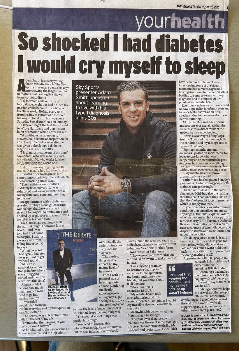 AdamJSmithy's tweet photo. Shout out to the @Daily_Express for the full page article in their paper❤️

Always difficult talking about this period of my life when I was seriously ill but if it helps just one person then it’s more than worth it #Type1Diabetes #MentalHealthMatters #BigLove https://t.co/D3K81cNe2A