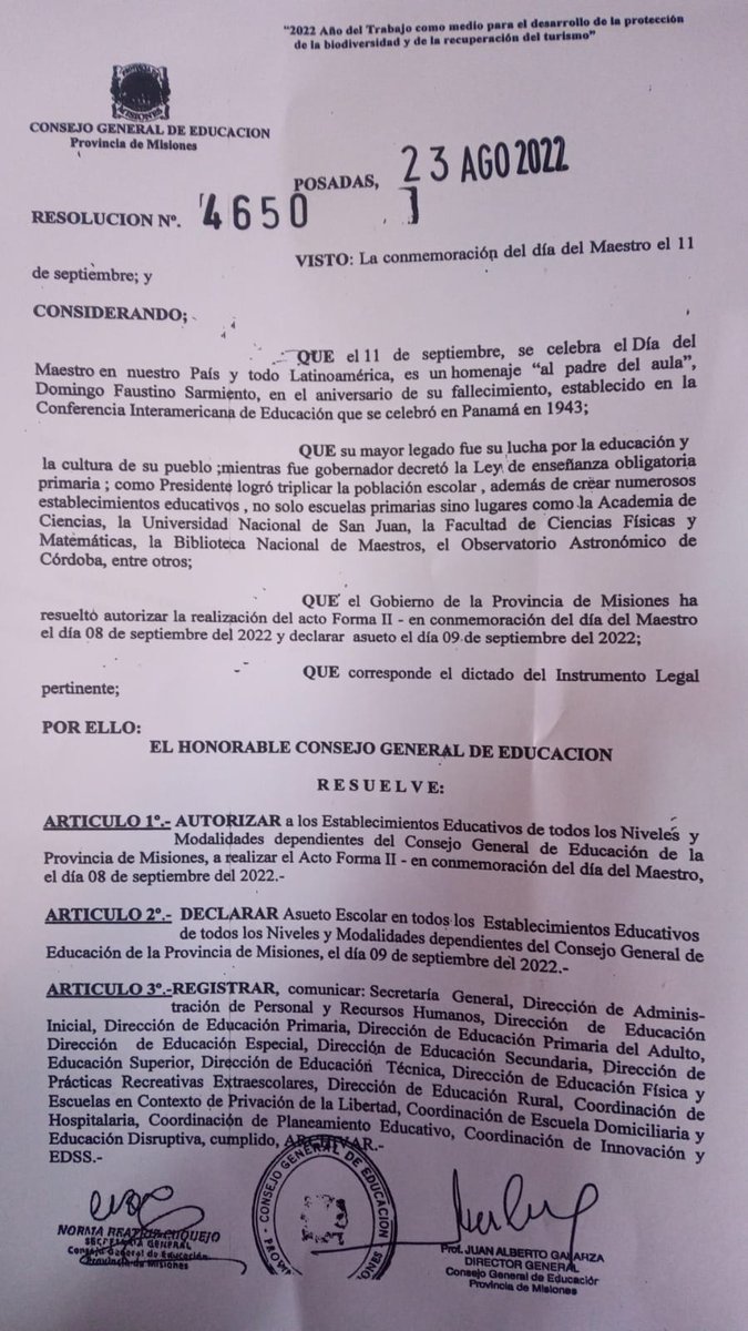 Por pedido de la UDPM, el CGE emite la Resolución 4650/22 donde declara *ASUETO* Escolar el día 09 de Septiembre en conmemoración del día del maestro y autoriza a los establecimientos educativos de todos los niveles y modalidades, la realización del acto forma 2 el día 8/9
