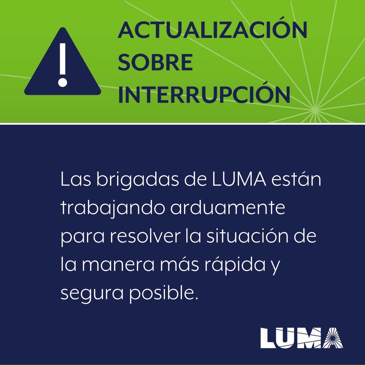lumaenergypr's tweet photo. Las brigadas de LUMA están trabajando arduamente para resolver la situación en San Juan de la manera más rápida y segura posible. Gracias por su paciencia mientras trabajamos para restablecer el servicio.   

Brindaremos actualizaciones adicionales tan pronto estén disponibles. https://t.co/BiQQoB8SWy