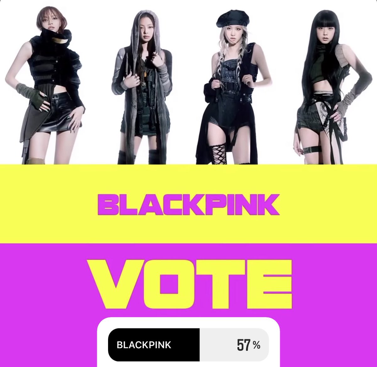 BBU_BLACKPINK's tweet photo. VMAs “Group Of The Year” category ends in 45 MINUTES! Now go vote and win this! #BLACKPINK receiving this trophy on their performance day should be enough motivation! BLINKS UNITE!

1. @BLACKPINK - 57%
2. - 43%

@MTV’s IG story: https://t.co/yqm9vLDnmy

#PINKVENOM  @BLACKPINK https://t.co/bW81N7eSwt