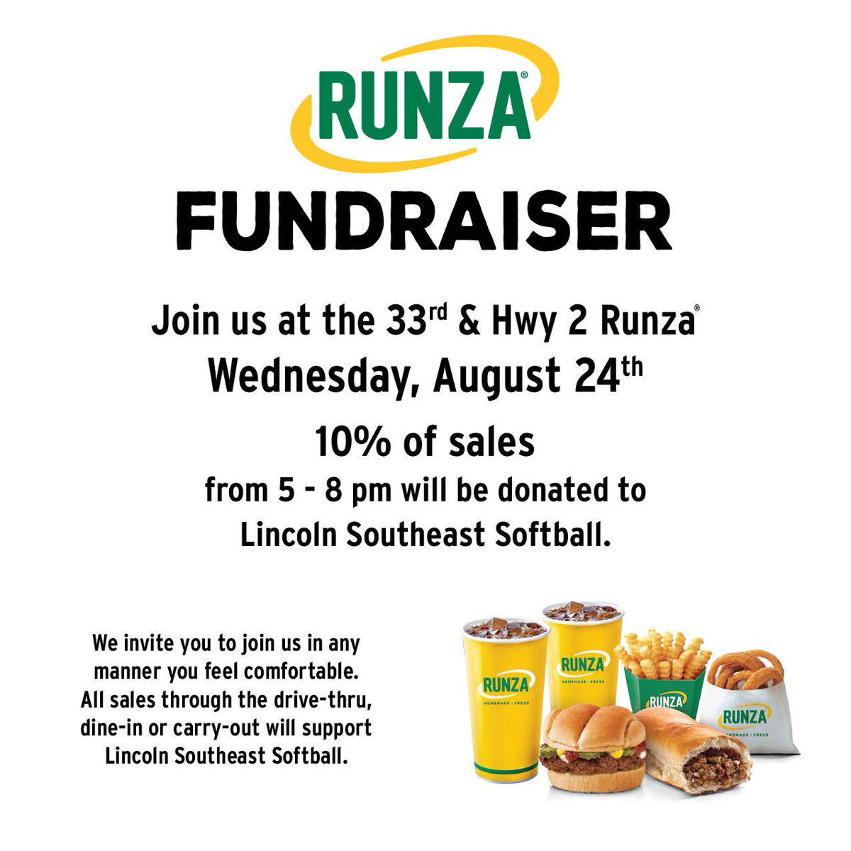 It’s Runza Night!  Come help the LSE softball team!  It’s to hot to cook anyway.  We appreciate the support.