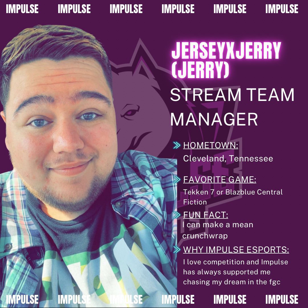 _ImpulseEsports's tweet photo. GOOOOD MOOORNING #ImpulseNation🐺
Time to announce another member of our support team!💜
Today we have Jerry!
Jerry is our Stream Team manager and will be organizing awesome events for our members!
Make sure to shoot a message and say hi to him!
#twitchstreamer #twitch #live https://t.co/u1Cyljvagq