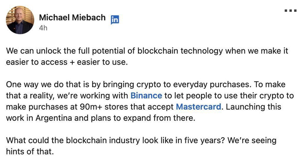 vellabs_agency's tweet photo. Oooohhh boooy. 👀☄️🔥

Big #News: #Mastercard CEO says they’re working with #Binance to let people spend #crypto at more than 90,000,000 stores. 

#bnb #CryptoNews #blockchain #blockchaintechnology #bitcoin #btc #Etherum https://t.co/0h7WoJv18P