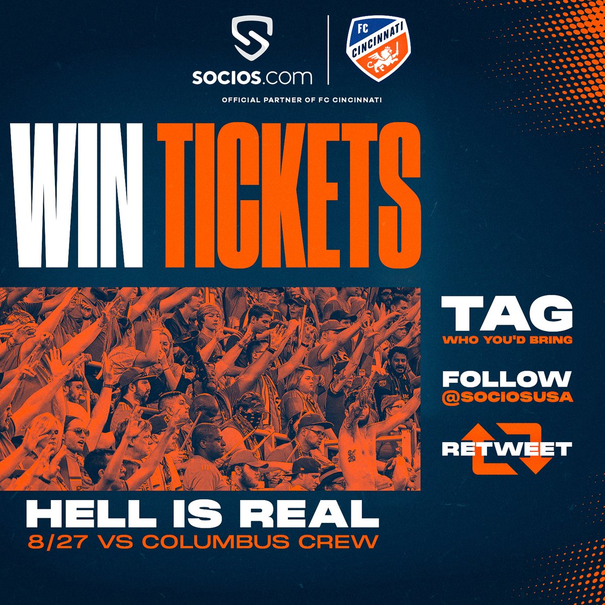 SociosUSA's tweet photo. Who’s ready for HELL IS REAL!?! 🔥🔥

Hey @FCCincinnati fans, we want to send you to the biggest rivalry of the year! ⚽️⚔️

To enter:
Tag who you'd bring ✅
Follow @SociosUSA ✅
RT this post ✅ https://t.co/StWyo9hKcg