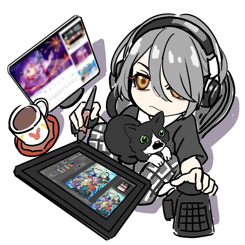 headphones drawing tablet cup stylus 1girl mug grey hair  illustration images