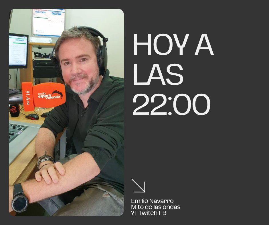 Esta noche recibo la visita de un grande las ondas, <a href="/emiliet10/">Emilio Navarro</a> (Emilio Navarro) compañero y amigo en <a href="/Radioesport914/">Radio Esport Valencia 91.4</a> de grandes momentos. 
Directo en YT / Twitch /FB