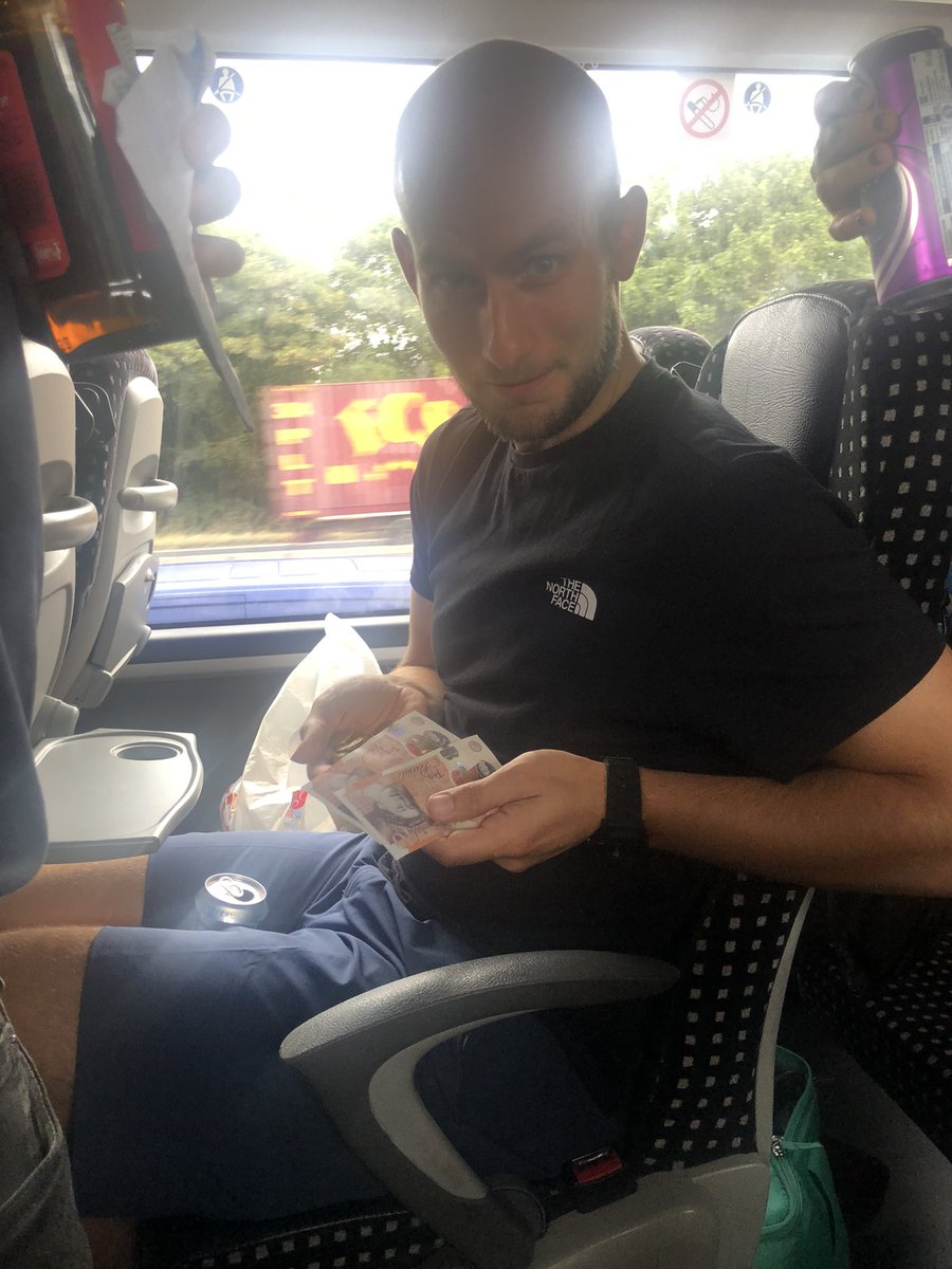 MarkDronsfield's tweet photo. First time the lad has smiled in a month after winning the football card on the coach. Even had the nerve to say he should’ve got 50p more @DavidMitch27 @SamDronsfield https://t.co/rCmoDA7dVm