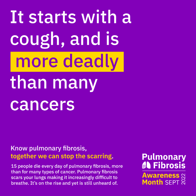 ActionPFcharity's tweet photo. September is #PFMonth22! We're on a mission to educate the public about pulmonary fibrosis and some of the early symptoms, which can include a cough or breathlessness. 

Will you join us in raising awareness? 🫁
