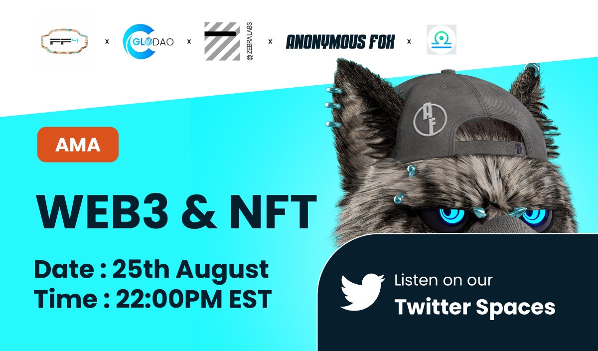 Excited to announce our Mega #AMA with 4 amazing projects coming up in the #NFT space

Tune In to win🎁 : 
👉<a href="/GloDAO_Official/">GloDAO</a>: 25000 GLD
👉<a href="/ZebraLabsNFT/">ZebraLabsNFT</a>: 10 WL
👉<a href="/FlightForce4/">FF4 (Flight Force 4)</a>: 10WL
👉<a href="/AnonymousFoxNFT/">Anonymous Fox {AF} | Public Mint Open</a>: 10WL

📌x.com/i/spaces/1PlJQ…
       25th August, 22:00PM EST
