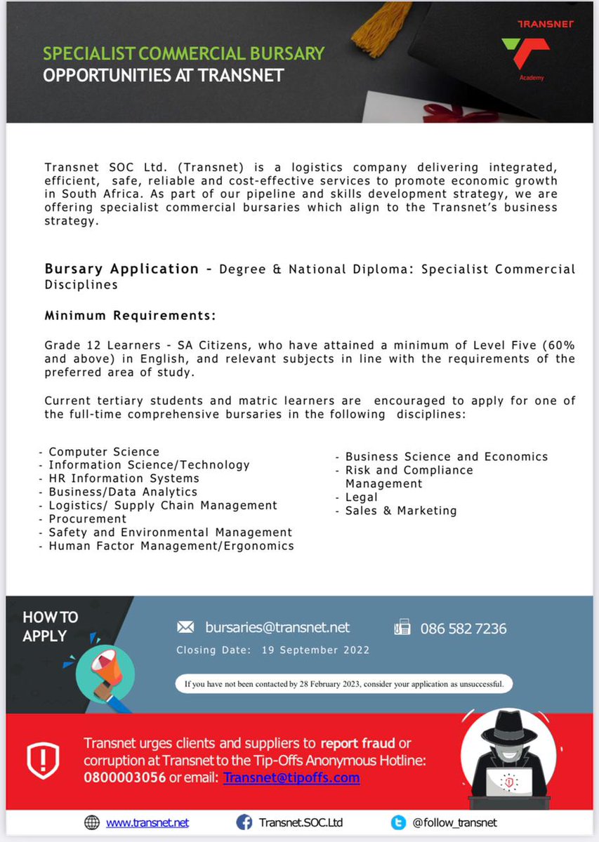 follow_transnet's tweet photo. Transnet is calling out all Grade 12 and tertiary students who are studying or interested to study towards a BA, BSc or National Diploma in Engineering/Commerce to apply for bursaries. 

See application process below 👇🏾 
Closing date: 19 September 2022
Good luck! https://t.co/SXowCjhcb8