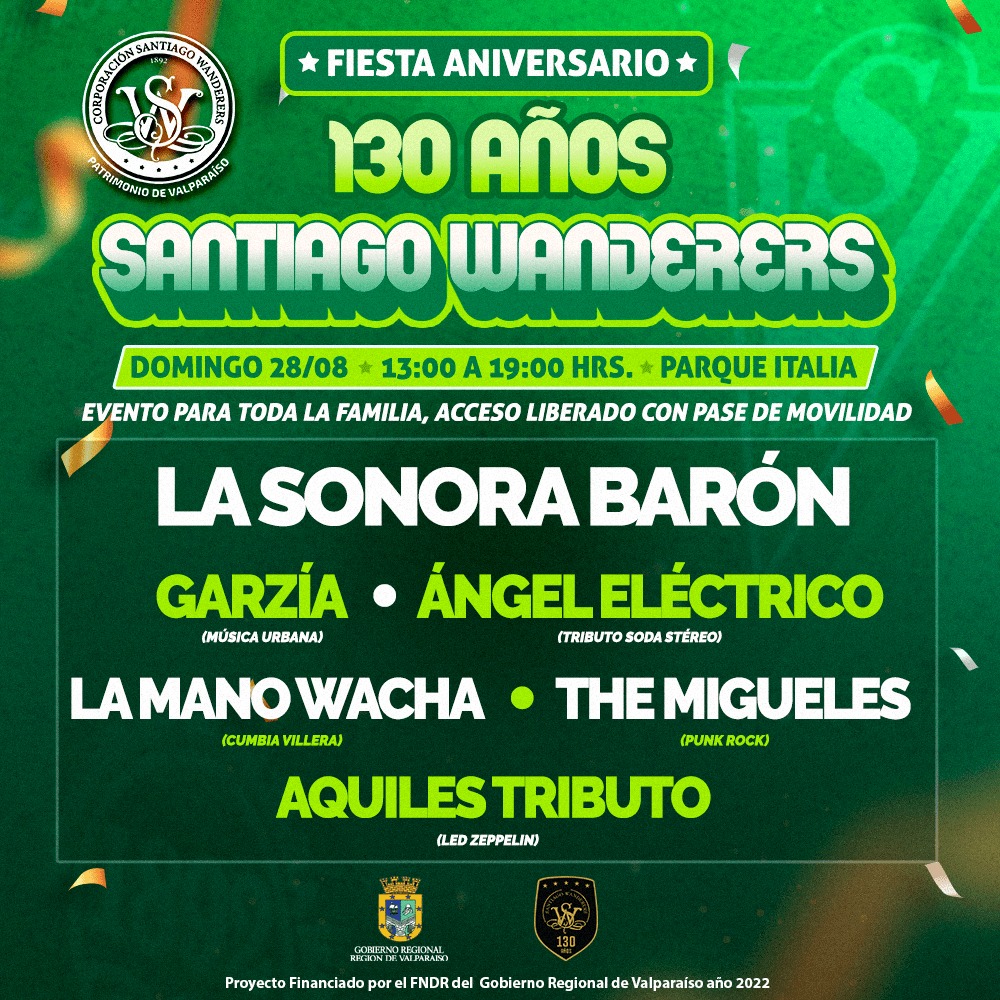 CorporacionSW's tweet photo. ✅ FIESTA ANIVERSARIO 130 🇳🇬🎉 Acompáñanos este domingo desde las 13:00 horas en Parque Italia: celebración junto a todos y todas del aniversario de nuestro club, ENTRADA LIBERADA 👀
¡TE ESPERAMOS!
#SantiagoWanderers #Valparaíso
#ElClubEsNuestro #WanderersEsSuGente #Caturros https://t.co/dD8mNy63q4