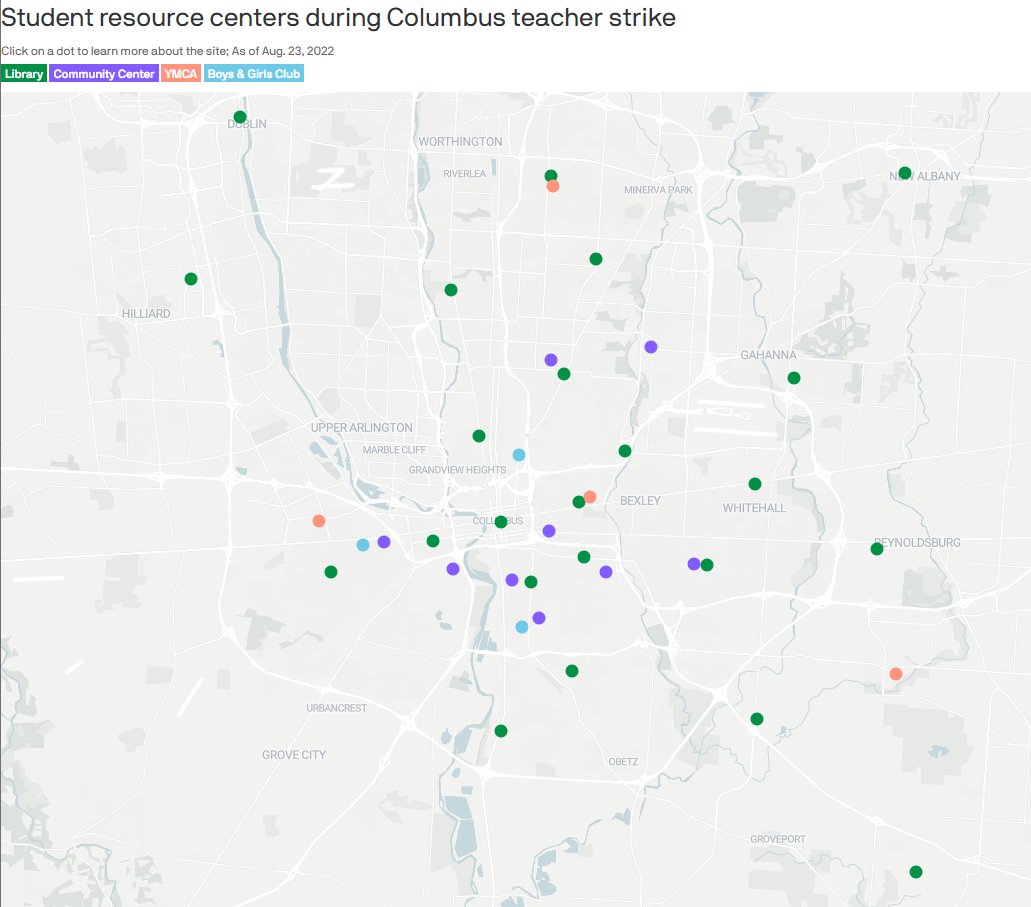 Today is the first day of (virtual) school in Columbus and teachers remain on strike

@Axios published an interactive map of student resource centers offering kids meals, computer stations and a safe place to learn:

datawrapper.dwcdn.net/NsL8e/2/