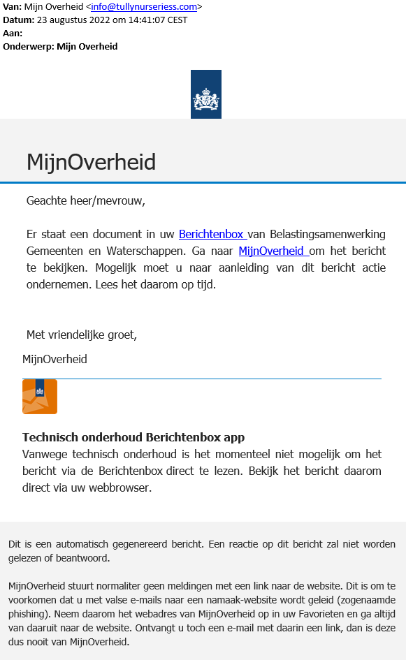 Trap niet in deze nepmail uit naam van #MijnOverheid. Wie doorklikt wordt doorgestuurd naar een nagemaakte loginpagina. Online criminelen zijn uit op je geld en data. Bekijk het voorbeeld van deze phishingmail ⤵️ #KassaTV #Phishing