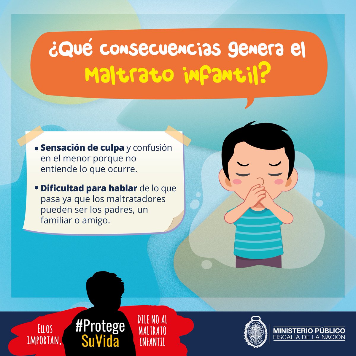 FiscaliaPeru's tweet photo. #ProtegeSuVida👨👩👧👦
Un niño o niña agresivo, con bajo rendimiento escolar y hasta con depresión puede estar sufriendo de #MatratoInfantil.
👉Reconozca como identificar a un menor que sufre de abusos en su hogar o escuela.
🌐https://t.co/IJtBdkyQBx https://t.co/teVldlTci7