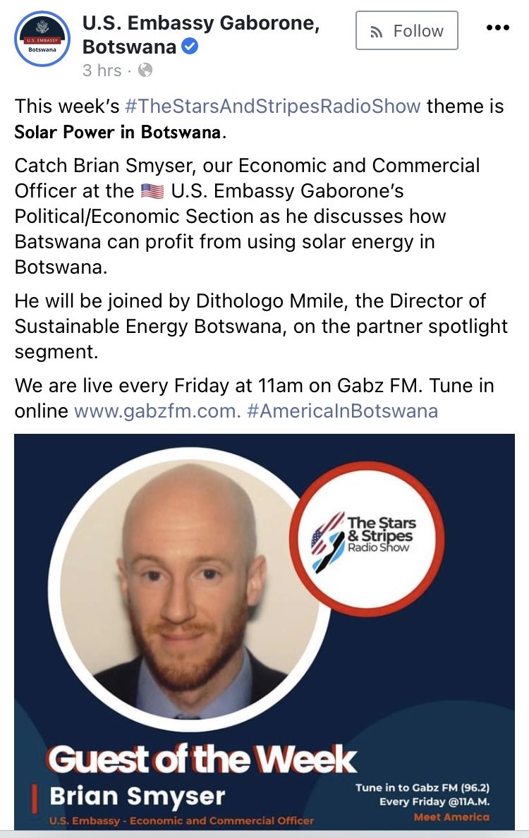 #TheStarsAndStripesRadioShow
Save the date and Join us to find out more about #Solar in #Botswana ‘Let the sun 🔆 do the work’