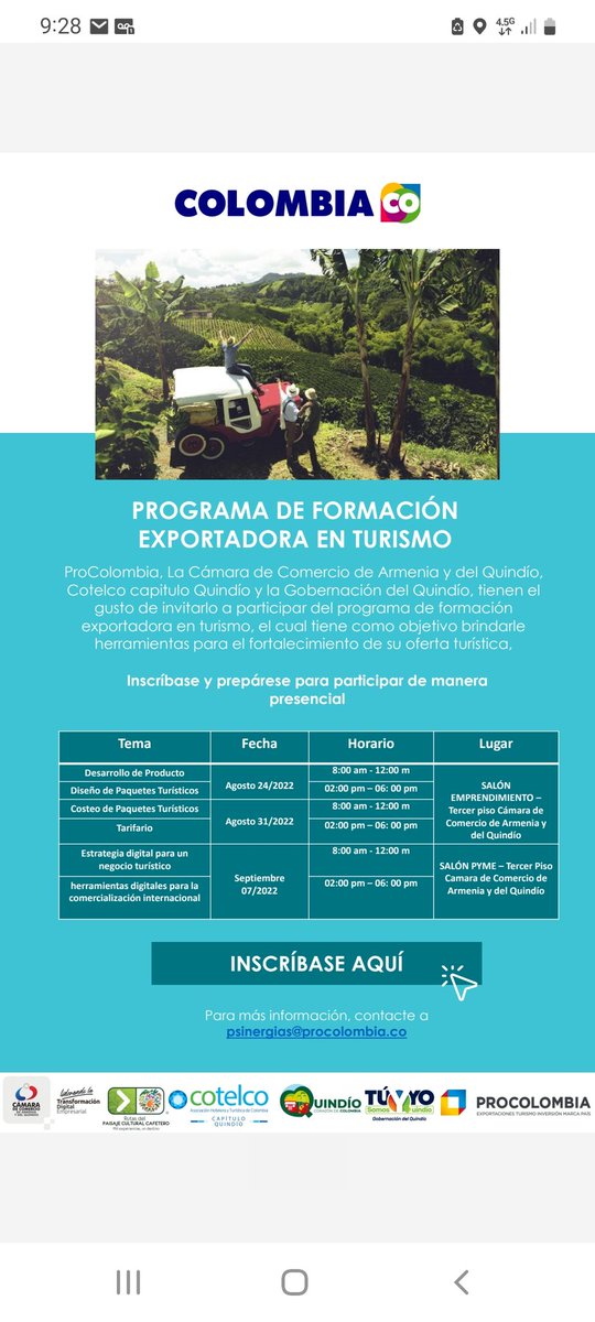 edosanchez77's tweet photo. Iniciamos Programa de Formación Exportadora en Turismo en #Quindio. 53 empresarios de la región fortaleciendo capacidades para la internacionalización. @g_salcedo_r @PROCOLOMBIACO https://t.co/T2MQKOUr6v