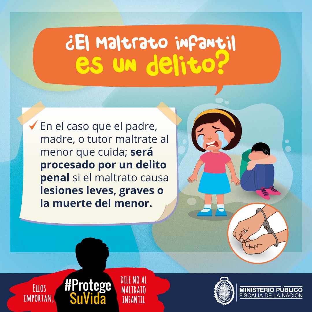 FiscaliaPeru's tweet photo. #ProtegeSuVida👨👩👧👦
El #MaltratoInfantil por parte de los padres o tutor; será procesado por un #DelitoPenal si el daño le causa lesiones leves, graves o la muerte.
👉En las siguientes gráficas conozca como se sanciona el #MaltratoInfantil.
🌐https://t.co/r7ChLSwwkC https://t.co/T9Jr1GECor