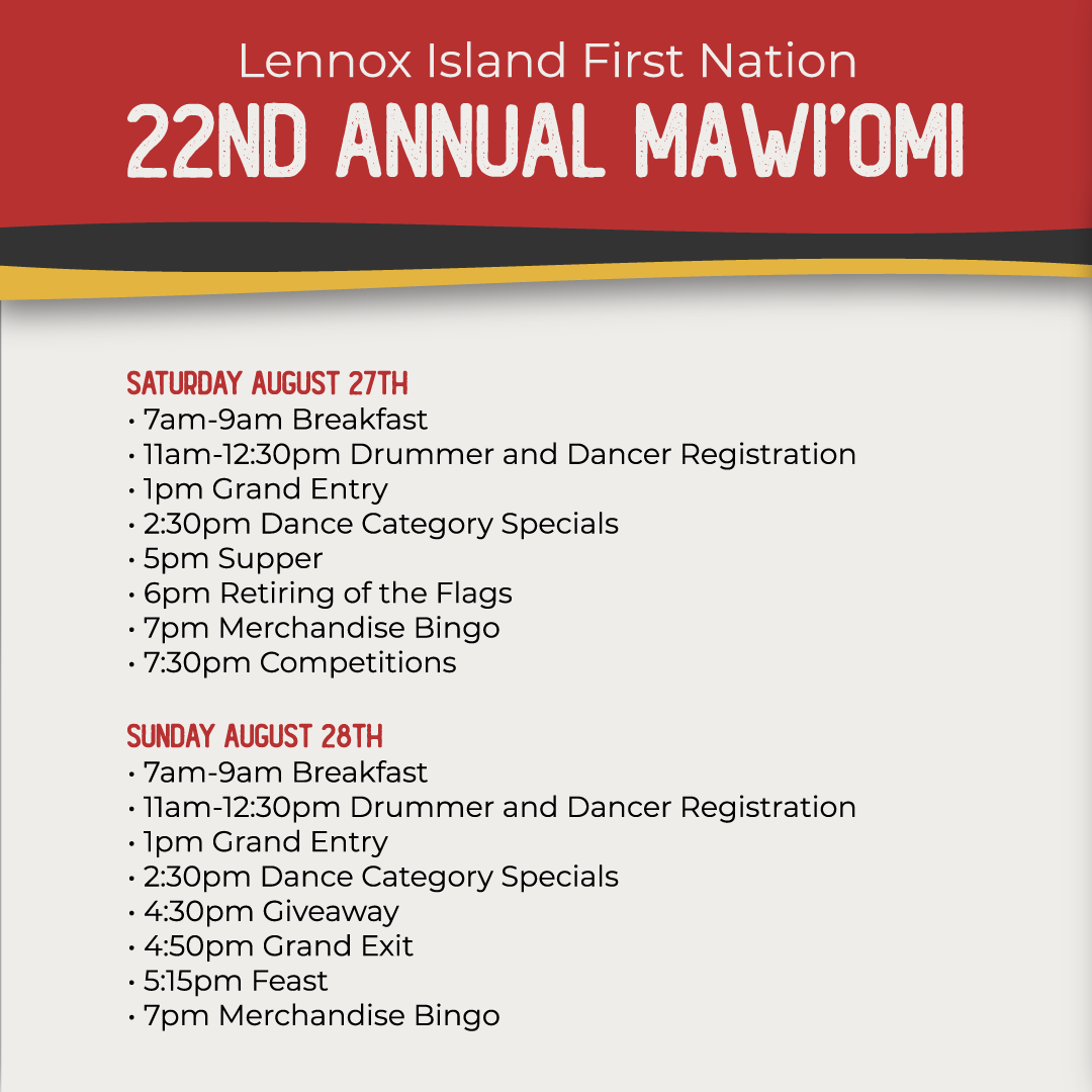 LennoxIsland's tweet photo. We’re inviting you to come to Lennox Island for our 22nd Annual Mawi’omi.
Grand Entry will begin at 1 pm on Aug. 27,28.
Come and watch our dancers, listen to the beat of the drum and learn about our culture.
Everyone is welcome! https://t.co/Iv8jOZCzSY