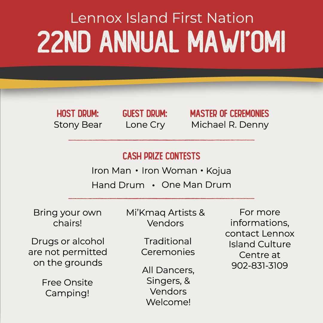 LennoxIsland's tweet photo. We’re inviting you to come to Lennox Island for our 22nd Annual Mawi’omi.
Grand Entry will begin at 1 pm on Aug. 27,28.
Come and watch our dancers, listen to the beat of the drum and learn about our culture.
Everyone is welcome! https://t.co/Iv8jOZCzSY