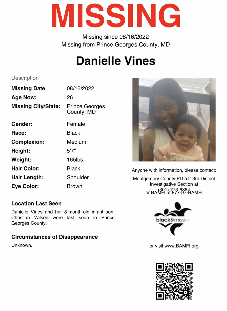 BAM_FI's tweet photo. Silver Spring, MD: Danielle Vines and her 8-month-old son Christian Wilson, are STILL MISSING. They were last seen Aug. 16.

Have you seen them?

#DMV https://t.co/3y6YOPYm9b