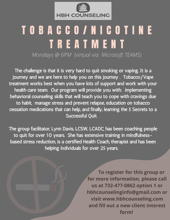 HBHCounseling's tweet photo. **NEW GROUP ALERT** 
How many times have you thought about quitting smoking? Well, there's no time like the present! Give us a call with any questions or to schedule an intake - 732-477-0862 or email hbhcounselinginfo@gmail.com https://t.co/I2VA1oqU7h