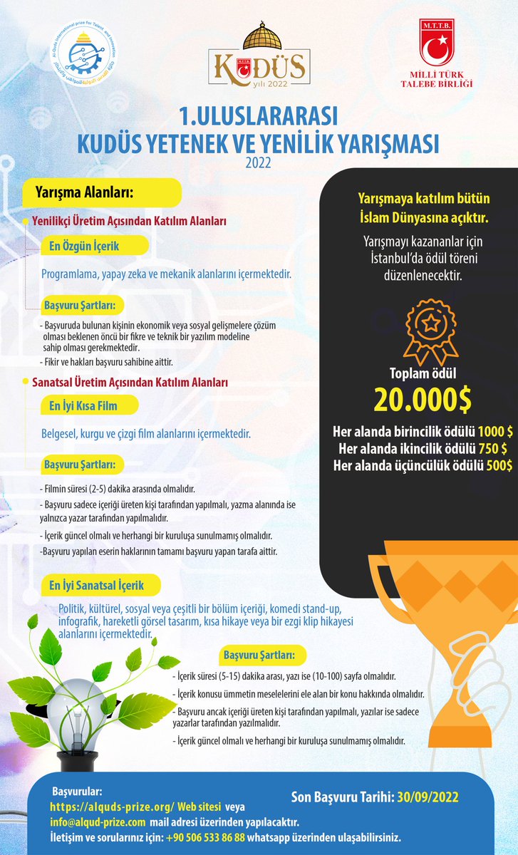 📢 1. Uluslararası Kudüs Yetenek ve Yenilik Yarışması Başlıyor!

Sen de yeteneklerine güveniyor, bu yarışmada "Ben de Varım!" diyorsan sitemizi ziyaret edebilir, başlıklarımızı inceleyebilirsin.

📝 Detaylı bilgi ve başvuru için: alquds-prize.org