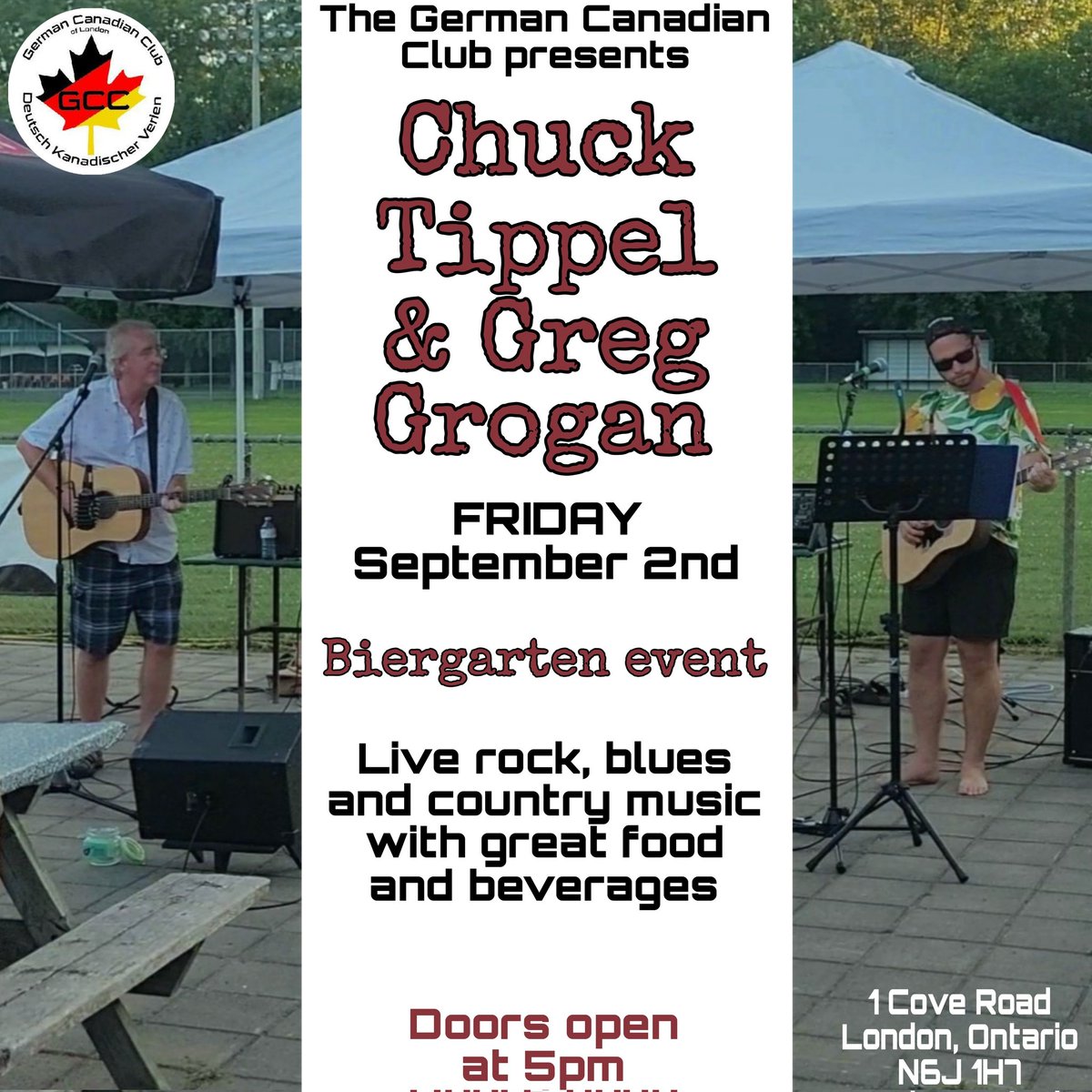Join us on Friday September 2nd for great live entertainment by Chuck Tippel and Greg Grogan with great food and beverages on the German Canadian Club Patio. 
The doors will be open at 5pm!

Check out our new Instagram account!

"Come to the GCC and get a little German in you!"