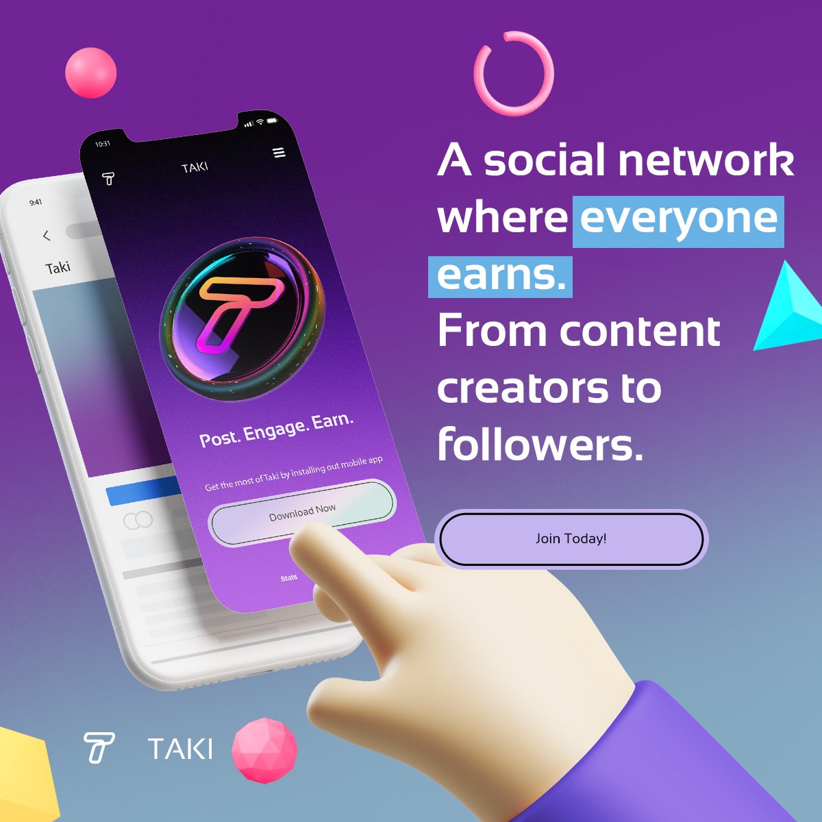 takigames_io's tweet photo. Start earning by sharing, liking and commenting on posts on Taki, the next-gen blockchain social network. It’s free, what are you waiting for? 🔥