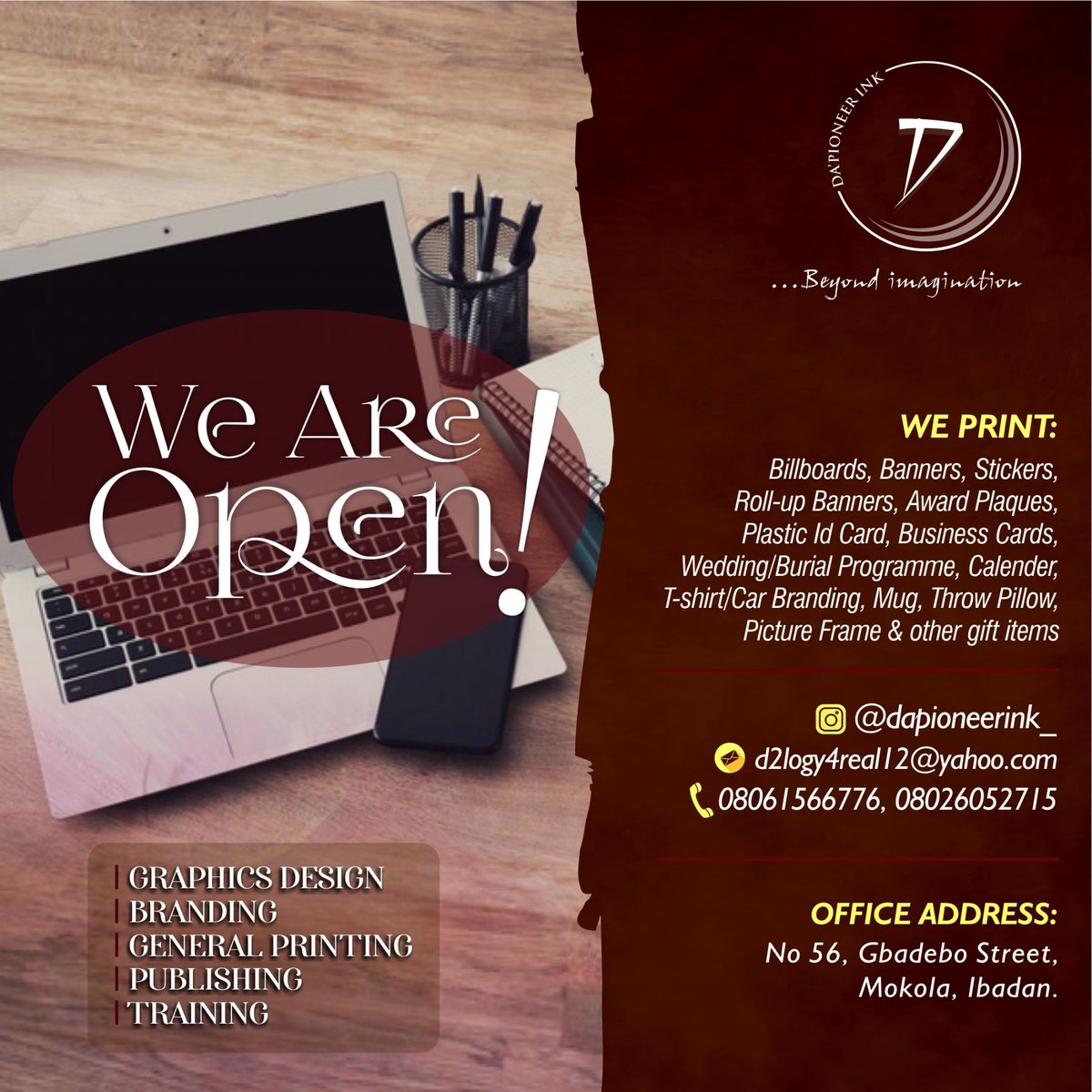 D2LOGY1's tweet photo. Good afternoon Nigerians. I'm a graphic designer, located in ibadan. iPrint, iDesign, iBrand and iTrain people.
I'm available for all your printing jobs within and outside ibadan.
Please patronize me &amp; refer to your friends and family. I dey deliver💯
Kindly retweet for others.🙏🏾 https://t.co/vxuAYepOfR