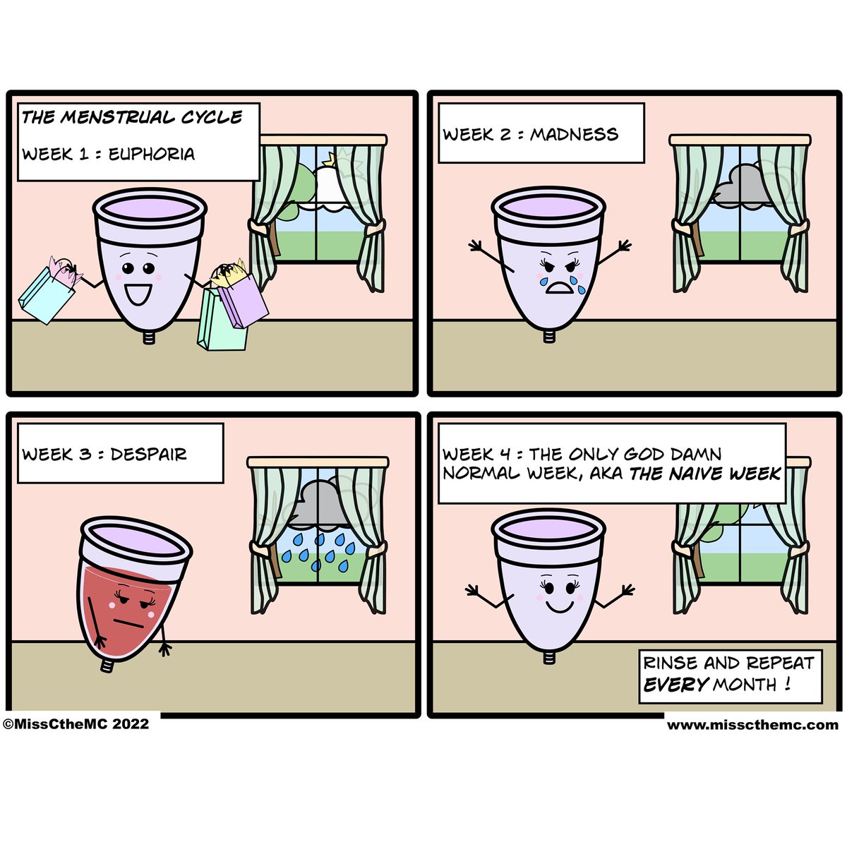 MissCtheMC's tweet photo. And you, what week are you at ?

#misscthemc #comics #kawaii #menstrualcup #divacup #webcomic #period #pms #menstrualcycle https://t.co/XWpYA1i9di