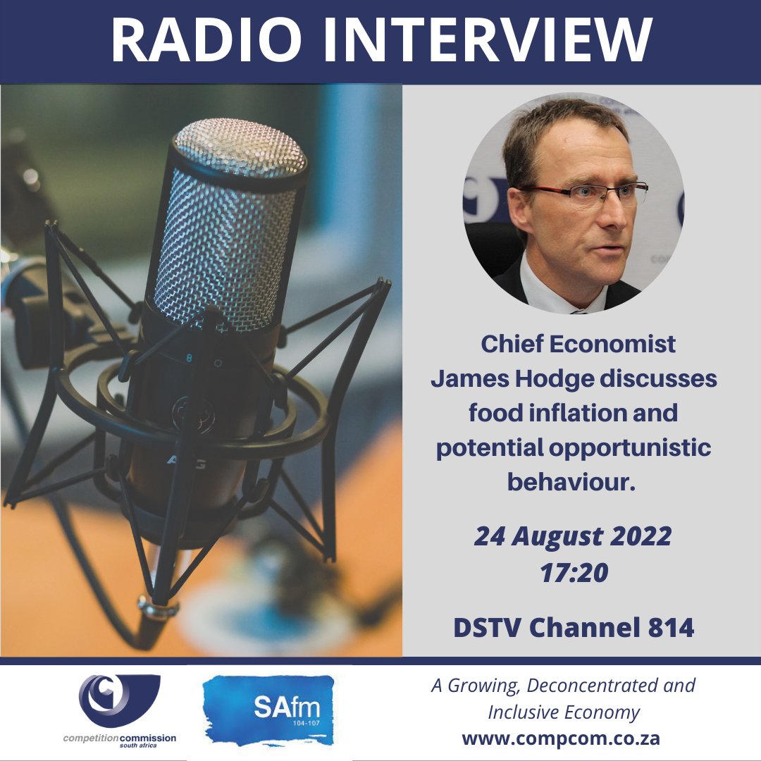 CompComSA's tweet photo. Heard of the Essential Food Pricing Monitoring Report but not sure what it's about? Then tune into @SAfmRadio with @AldrinSampear at 17:20 as our Chief Economist James Hodge explains what the Report focuses on, and why it's important to monitor food inflation. #compcomsa https://t.co/55vvohTIB5
