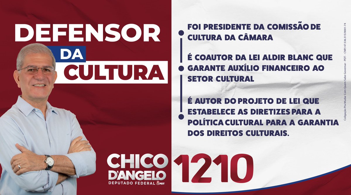 Uma das missões do meu mandato como deputado federal é defender os trabalhadores, entre eles os da cultura. Profissionais muito afetados pela pandemia. Tenho atuado na proposição de leis que estimulem o setor e protejam seus trabalhadores.  #TôComChicoDangelo  #É1210PraFederal