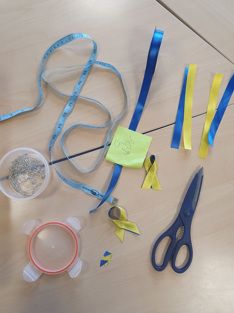 First #RibbonForUkraine completed by pupils in B25 today. Lots of measuring, cutting and fine motor skills involved. #LifeSkillsNumeracy <a href="/MGS_SfL/">MGS_SfL</a> <a href="/MGS_FFC/">MGS Food, Fabric and Care Department</a>