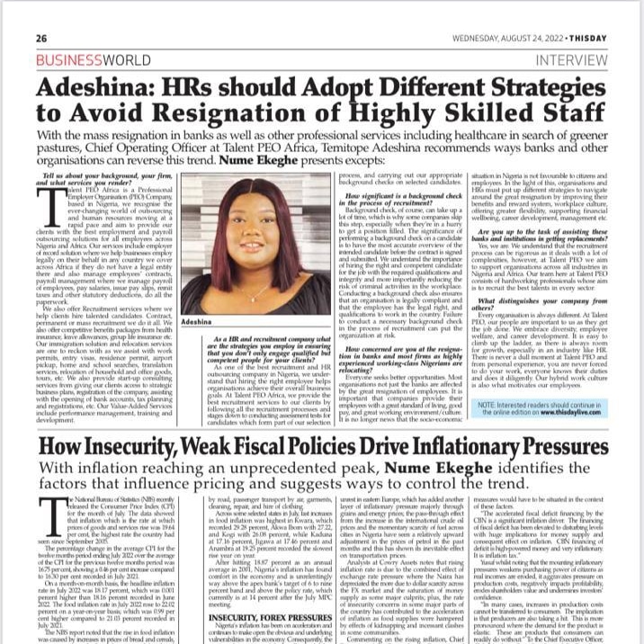TalentPEO's tweet photo. In today's publication by @THISDAYLIVE our COO Temitope Adeshina discussed different strategies to retaining highly skilled staff.

Read the full article here: https://t.co/gF9hOBWLzV 

#humanresources #humanresourcesmanagement #payrollservices #hr #hrcommunity #hrconsulting https://t.co/3WrsAqndrP