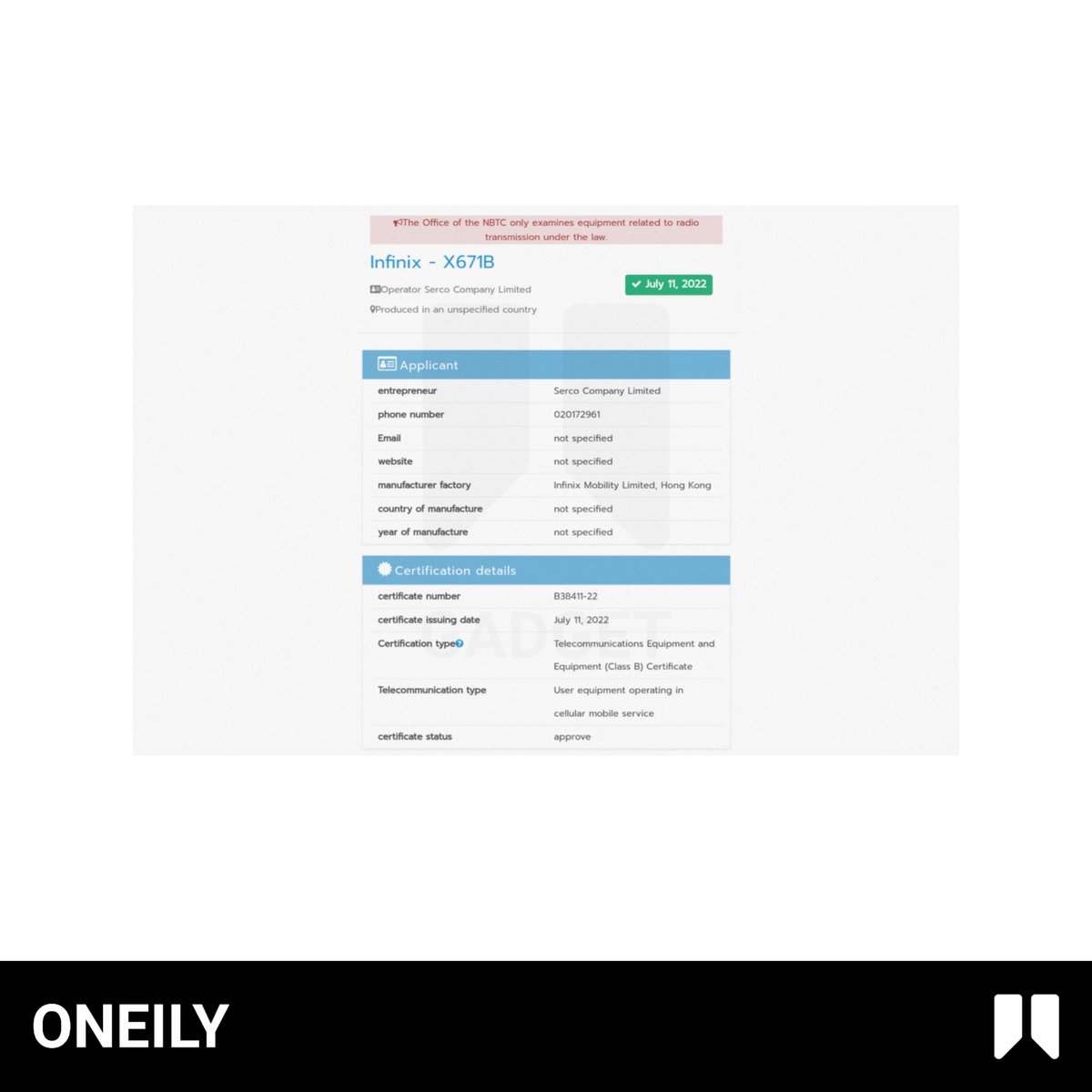 OneilyGadget's tweet photo. Infinix X671B (Infinix Note 12 Pro 5G) appears on NBTC certification.

#Infinix #InfinixNote12Pro5G https://t.co/t1ED1eWe47