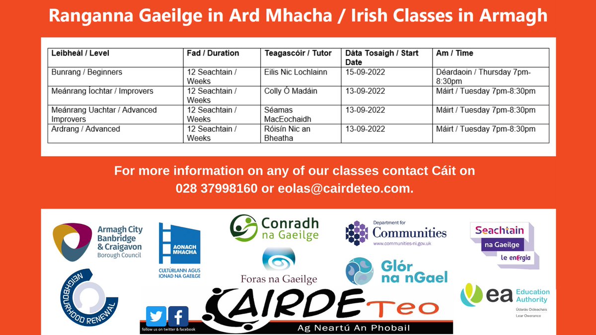 Tá ár Ranganna ar ais fá choinne téarma an Fhómhair i gCultúrlann Aonach Mhacha. 
Beidh na ranganna ag toiseacht ar an Mháirt 13ú Meán Fómhair 2022 i gCultúrlann Aonach Mhacha. 
Is féidir leat clárú &amp; tuilleadh eolais a fháil tríd an nasc thíos - 
cairdeteo.com/events/autumn-…