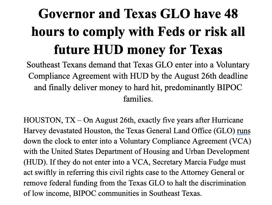 weststrecovery's tweet photo. PRESS RELEASE: Governor and @txglo have 48 hours to comply with @HUDgov  or risk all future HUD money for Texas. Demand better for Southeast Texas! Demand better for Texans! We demand that @txglo comply! #FundFloodJustice #HurricaneHarvey https://t.co/ihUuKHLdIi