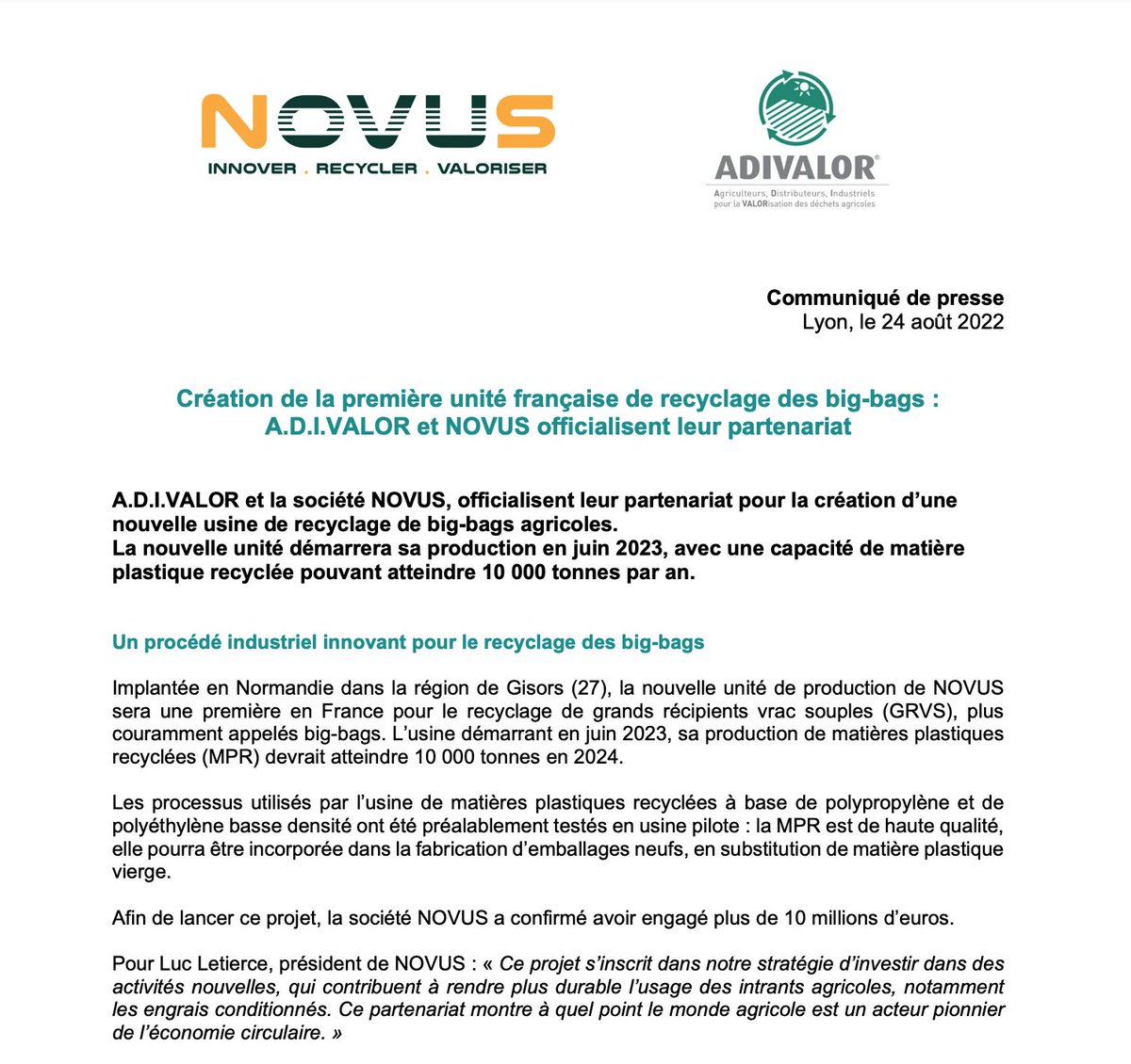 adivalor's tweet image. Nous venons d’officialiser notre partenariat avec NOVUS, pour la création d’une nouvelle usine de #recyclage de big-bags agricoles ! 🤝 
📍 Gisors (27)
🏭 Début production : juin 2023 
♻️ Capacité : 10 000 t/an  
Lire notre CP 👇🏼 
🔗 bit.ly/3chC0Yl