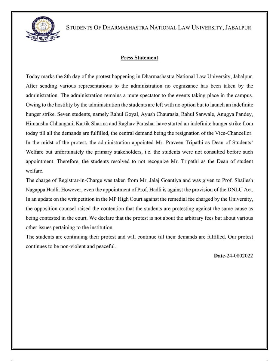 divvyannshuu's tweet photo. Press Release Dated- 24/08/2022
#dnlu_protest #vcdown https://t.co/oh3dpixbWX