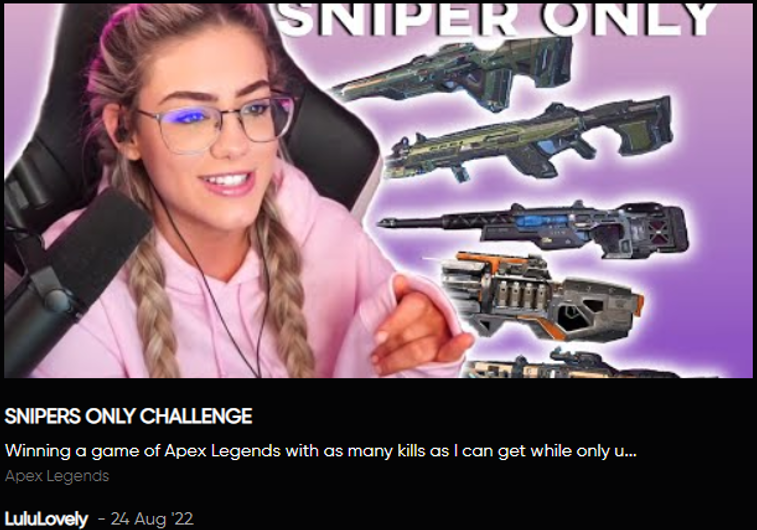 thechallengegg's tweet photo. Check out the sniper only challenge by @LuluLuvely !
Link: https://t.co/0fGrF02ZmM
P.S. You don't have to beat a challenge to rank in our record book.
#ApexLegends #gaming #gamer #games #gamingcommunity #gamerlife #YouTubers #twitch #follow #streamer https://t.co/OxXOZ00nf8
