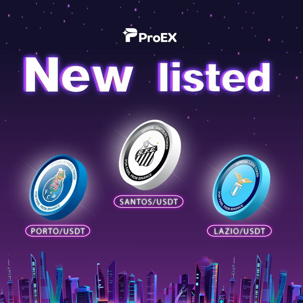 ProEXProEX's tweet photo. We are excited to share that #ProEx has now listed $SANTOS, #PORTO and $LAZIO.  Users may start trading in above tokens right away. The pairs are: SANTOS/USDT, PORTO/USDT, LAZIO/USDT

#ProExchange #CryptoExchange #Crypto #Bitcoin #Trading #CryptoTrading https://t.co/KiKpJAXTPl