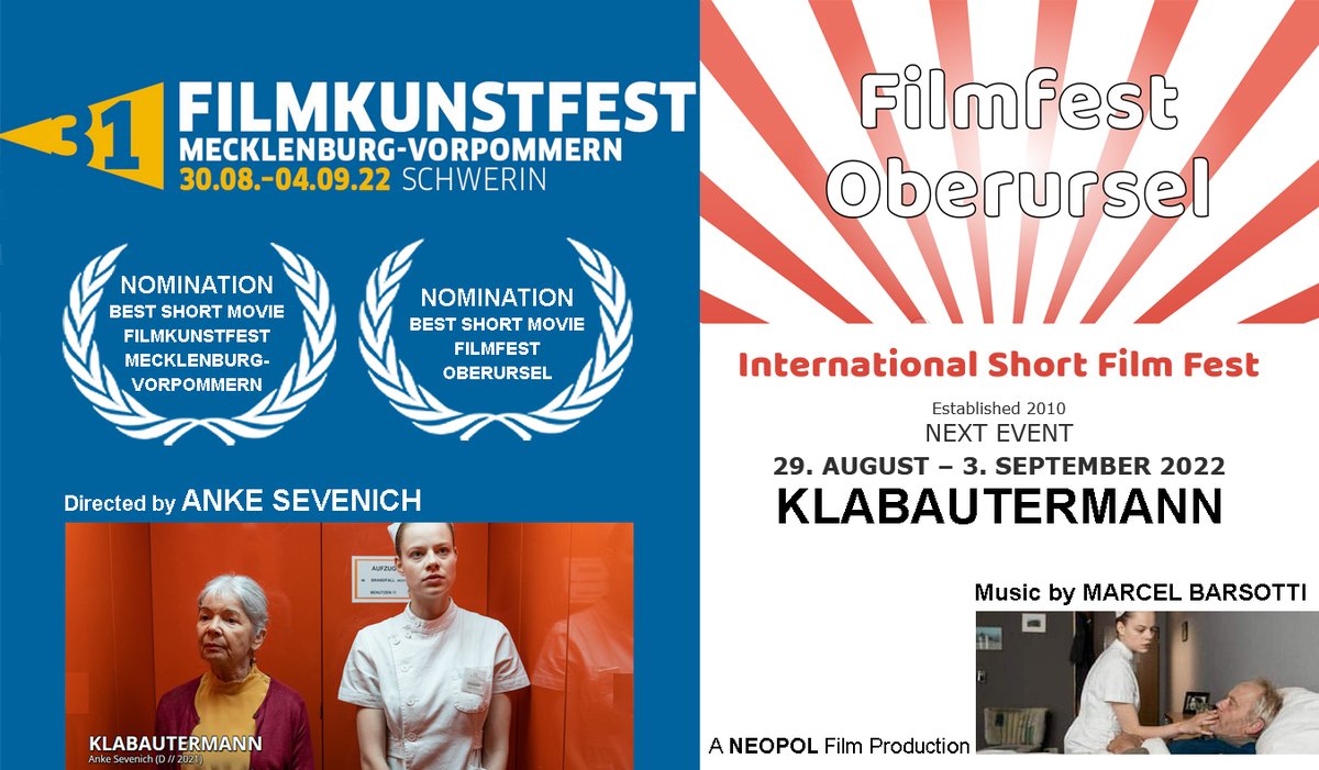BarsottiMarcel's tweet photo. 🏆INCREDIBLE, we're nominated twice again! Director Anke Sevenich has been nominated with her film KLABAUTERMANN in the official competition at the FILMKUNSTFEST Mecklenburg-Vorpommern in Schwerin and at the INTERNATIONAL SHORT FILMFESTIVAL Oberursel.
#Nomination #Award #Barsotti https://t.co/4W7hyYsWgv