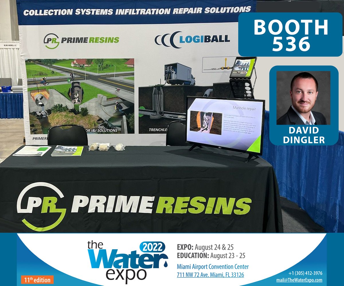 PrimeResins's tweet photo. We're in Miami for @TheWaterExpo! Stop by and see David Dingler in booth 536 to discuss I&I solutions.
#LeakSeal #Inflow #Infiltration #ThinkPRIME https://t.co/Tz1eN59o3E